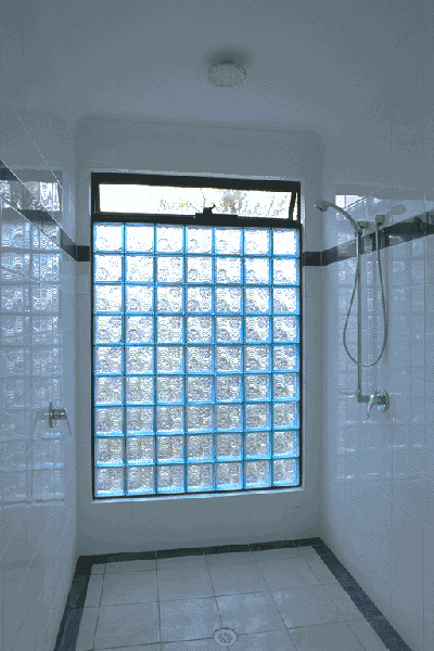 glass block shower. vented welle blue Glass Block